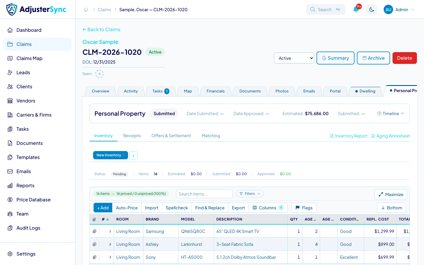 Personal property pricing in AdjusterSync